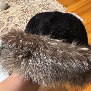 Vintage Women’s Genuine Fox Fur Trimmed Sheared Fur Hat, Real Fur EUC small